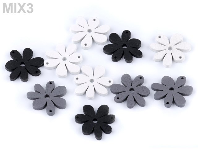 Dřevěný květ MIX 20 x 25 mm - 10 ks - černá, šedá, bílá