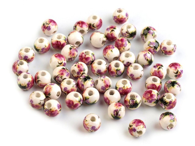Porcelánové korálky s květy 6 mm - 10 ks - vínová fuchsie