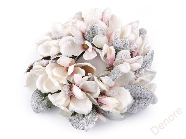 Vánoční věnec ojíněná magnolie 34 cm  bílá - pudrová