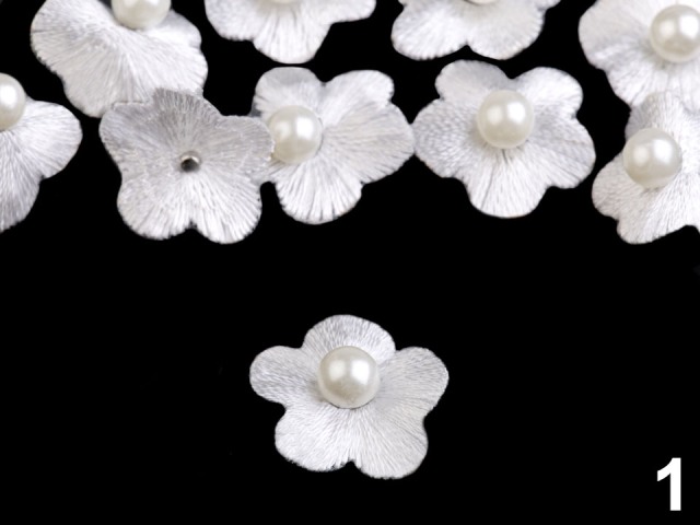 Vyšívaný květ 20 mm s perlou BÍLÁ