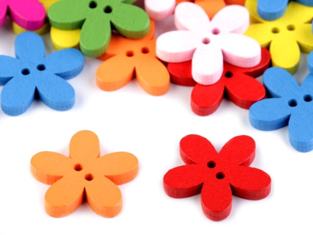 Dřevěný dekorační knoflík květ - mix barev - 10 ks