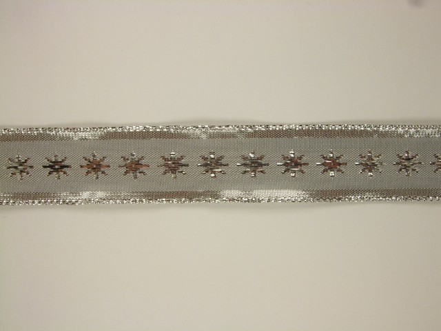 Plátnová stuha s metaloplastem a drátem šíře 25 mm STŘÍBRNÁ hvězdičky