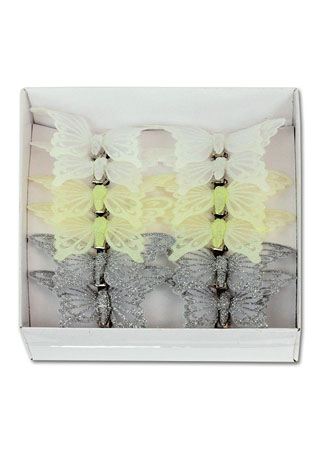 Dekorační motýl střední 8 cm, clip -mix barev bílá, krémová, stříbrná