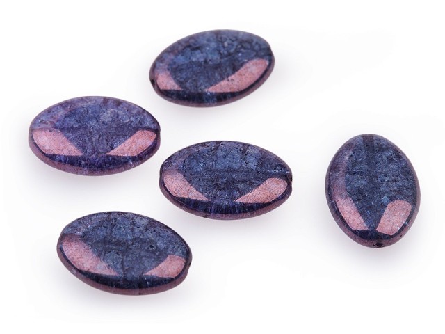 Skleněné korálky praskačky ovál s listrem 14x20 mm - 5 ks - modrofialová