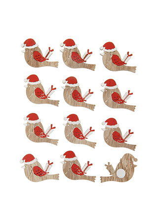 Ptáčci, vánoční dřevěná dekorace na přilepení, v sáčku 12 kusů