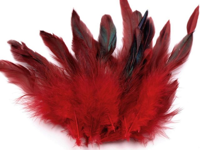 Ozdobné slepičí peří délka 6-15 cm - červená tmavá - balení 20 ks