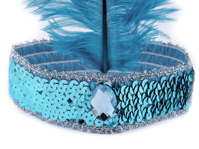 Karnevalová čelenka flitrová s peřím retro modrá azurová