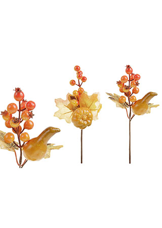 Větvička podzimní s jeřabinou a dýní, umělá, mix - 23 cm