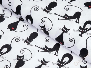 Bavlněné plátno SIMONA - vzor černé kočky na bílém - metráž š. 160 cm