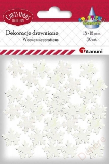 Dřev. dekorace, Vánoce, sněhové vločky, bílé, 18x18mm, 30ks